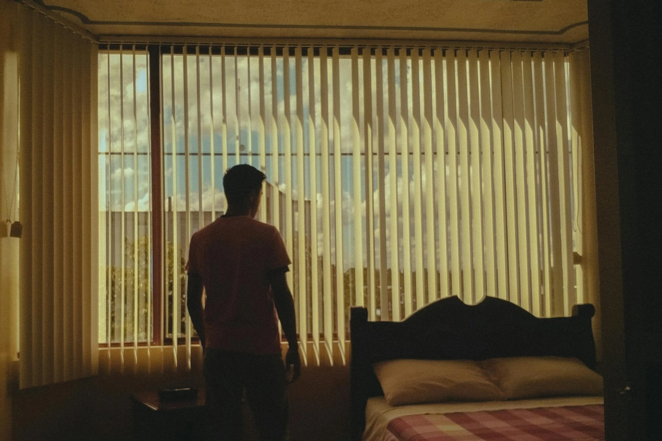 Sillhoute of a person standing behind closed blinds, emphasizing introspection