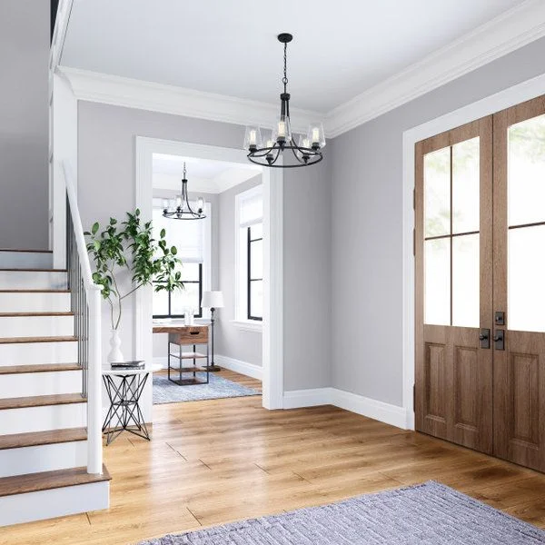 Spacious empty room with modern design featuring large window blinds and tiled floor